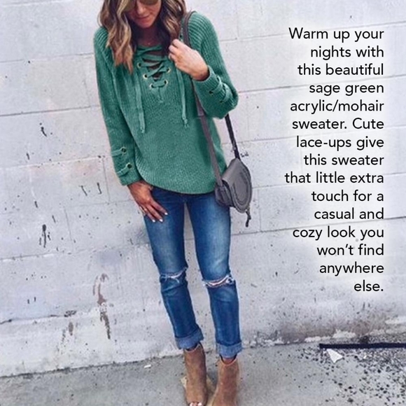 Lace Up Cozy Sage Green Sweater 🎉HOST PICK🎉 - Picture 2 of 7